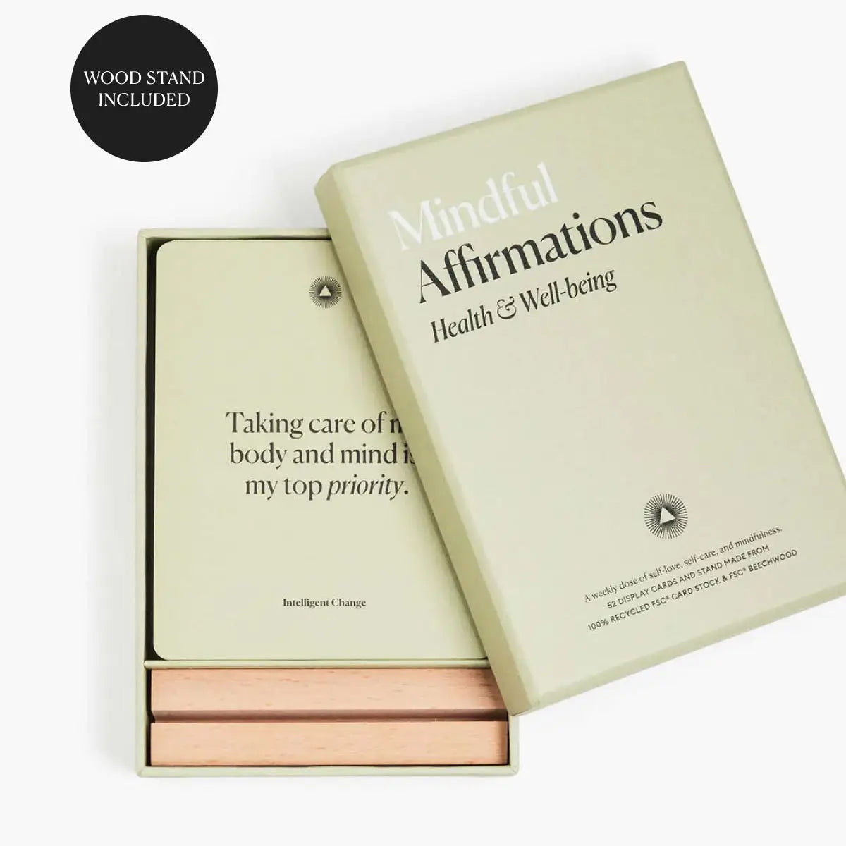Intelligent Change Health & Wellbeing Affirmation Cards – 52-Card Deck with Beechwood Stand