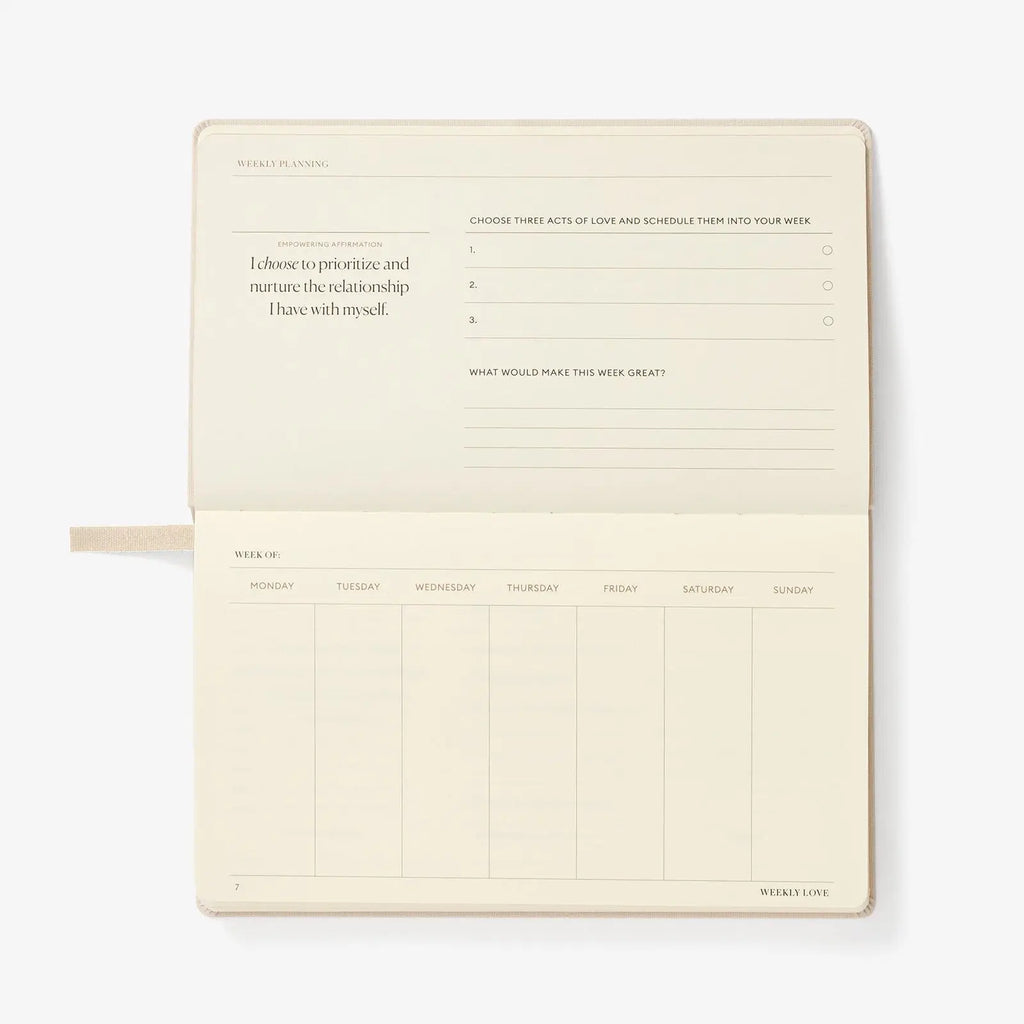  cream colored planner with text and questions on a white background