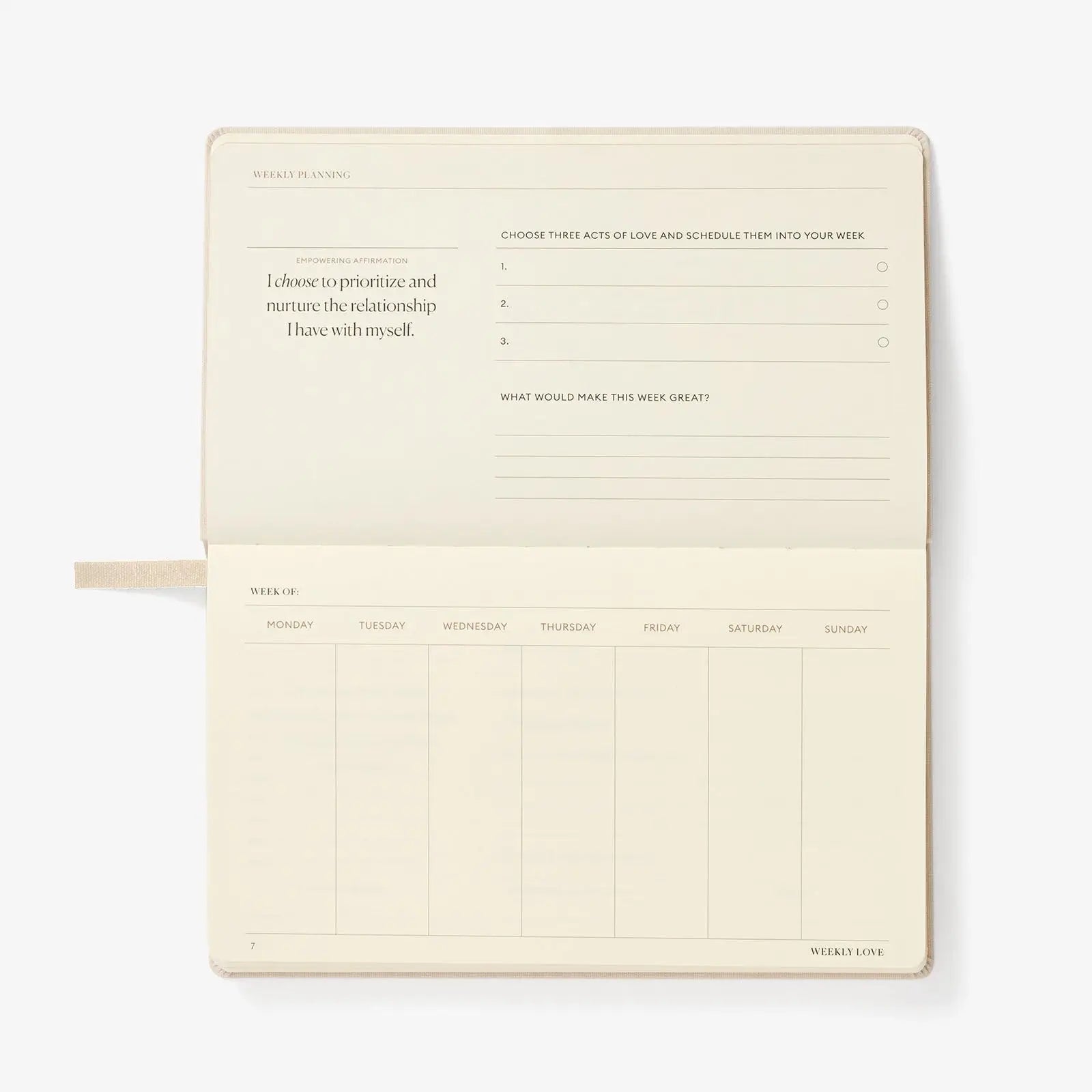  cream colored planner with text and questions on a white background