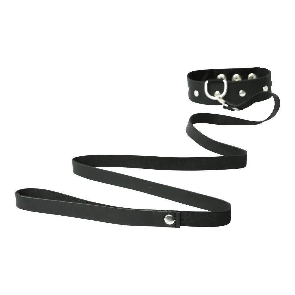 Leather Collar and Leash Set - Black - Restraints