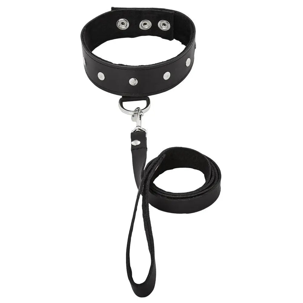 Leather Collar and Leash Set - Black - Restraints