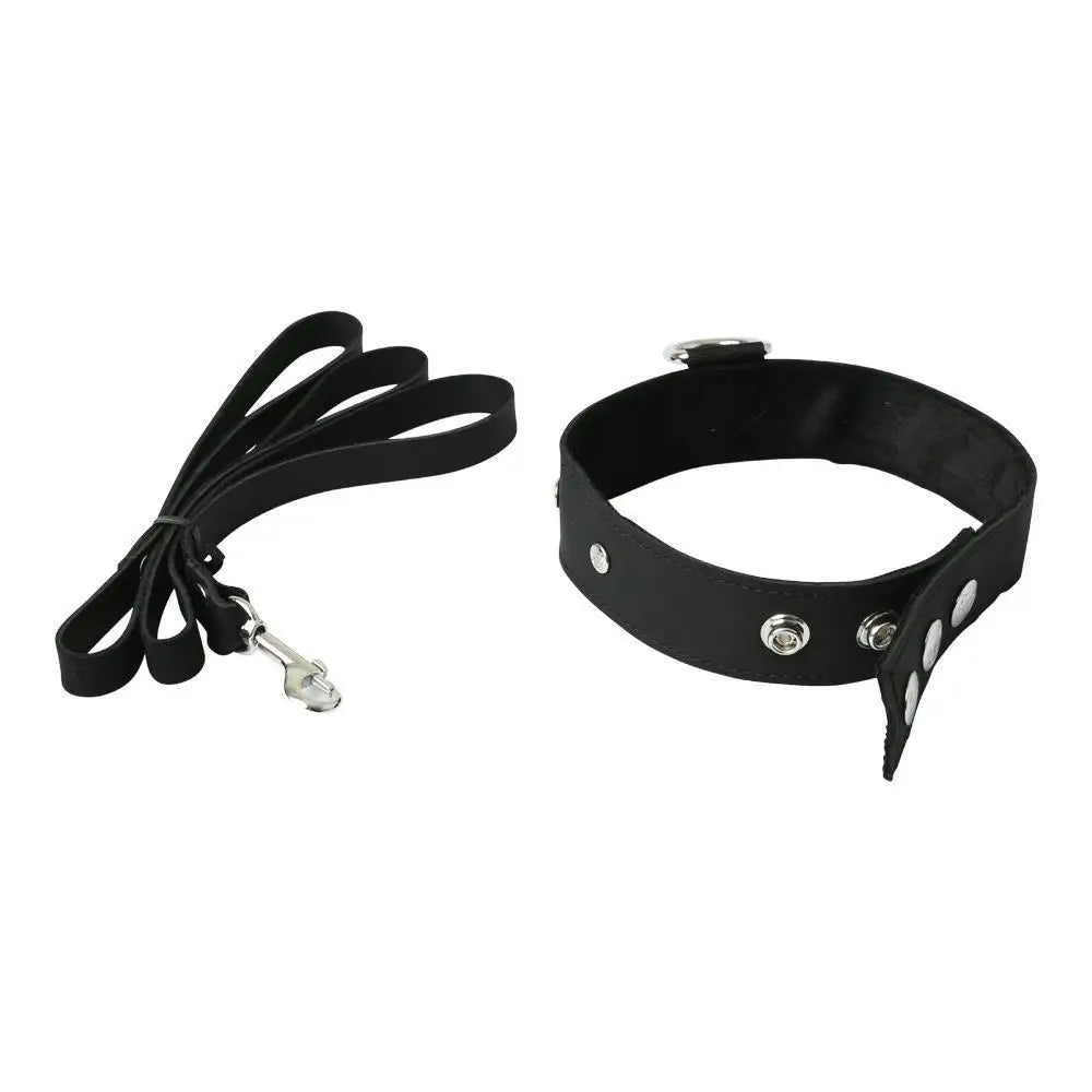 Leather Collar and Leash Set - Black - Restraints
