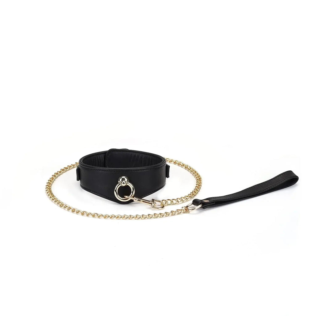 Dark Secret Collection Leather Deluxe Curved Collar with Leash & Lock - Black - Restraints
