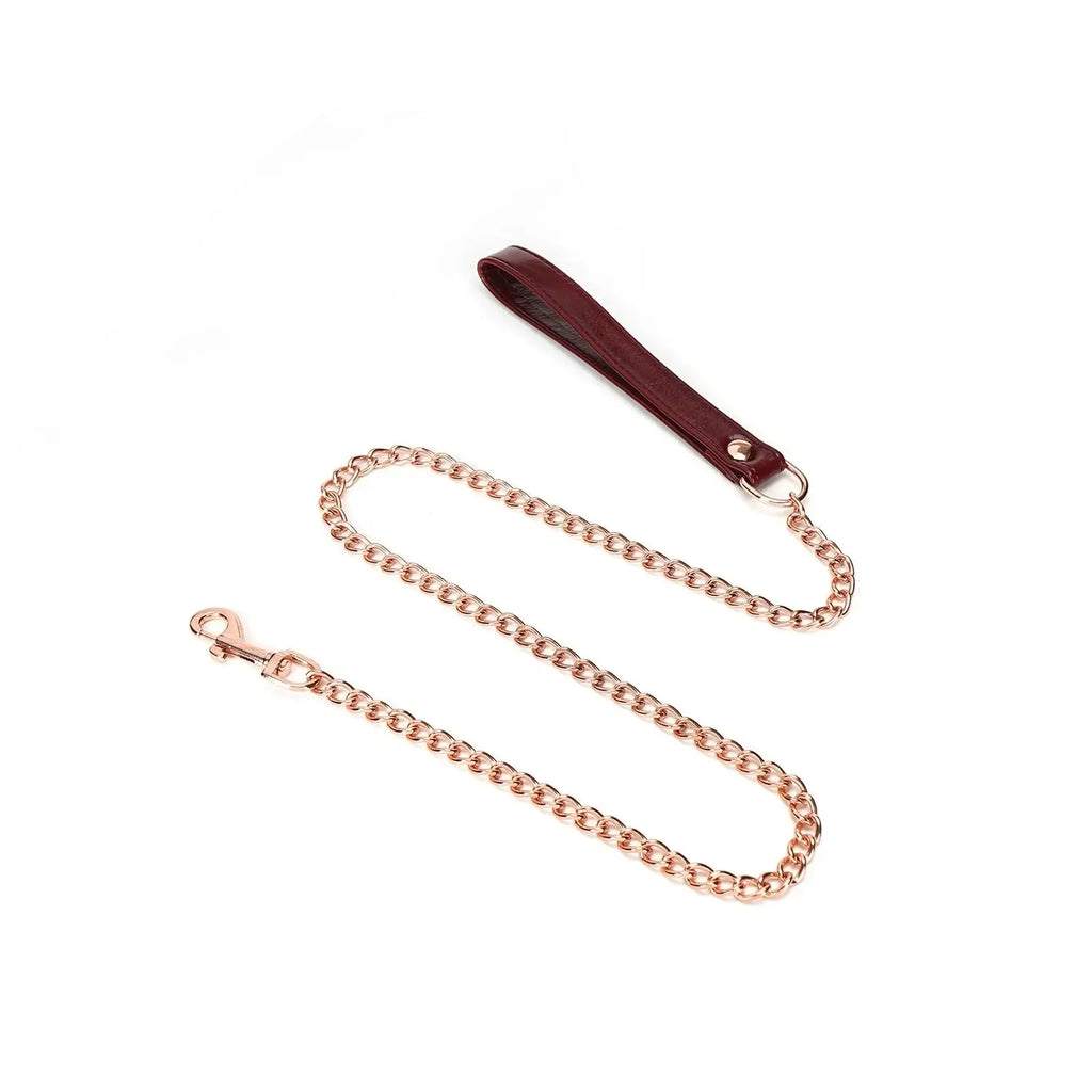 Wine Red Collection Leather Collar with Leash - Burgundy - Restraints