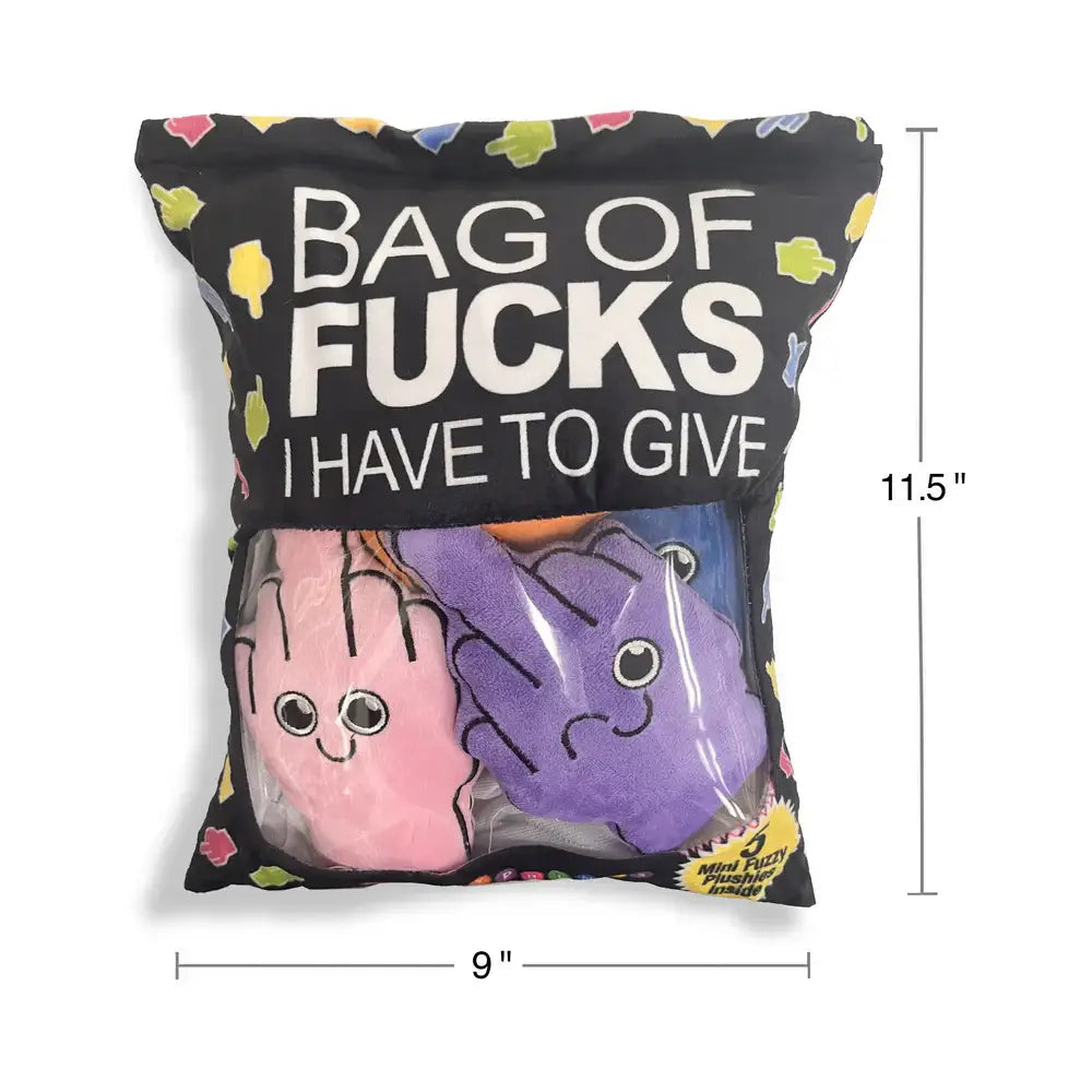 Packaged product with colorful plush toys and text on a black background