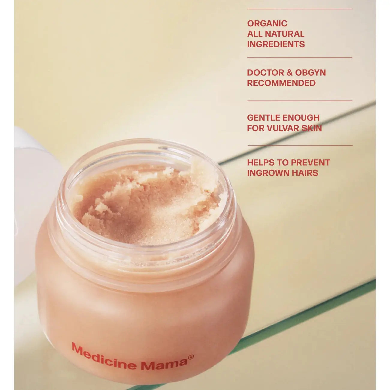 Jar of 'Medicine Mama' product on a beige background with text about its benefits.