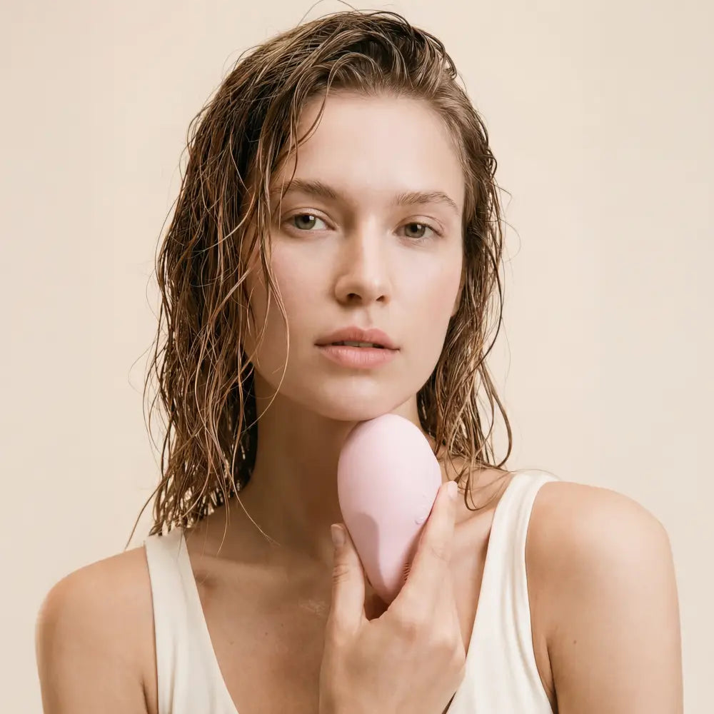 Woman holding a pink makeup sponge against a beige background
