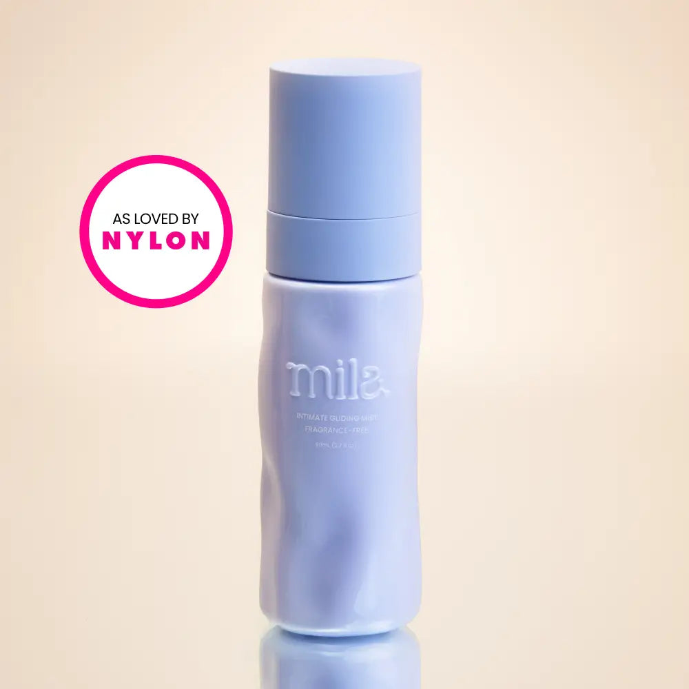 Light blue bottle with 'mila' branding on a beige background, featuring 'Nylon' logo.