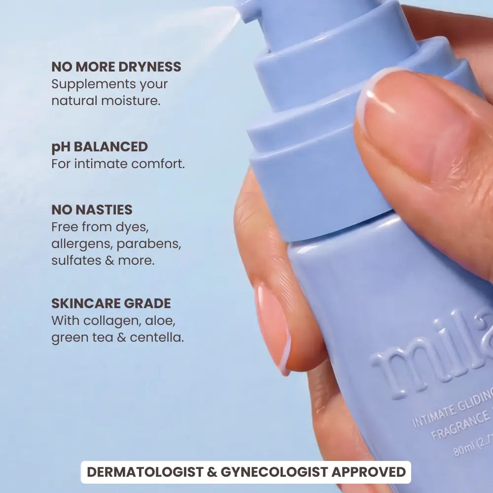 Hand holding a blue skincare product with text on a light blue background
