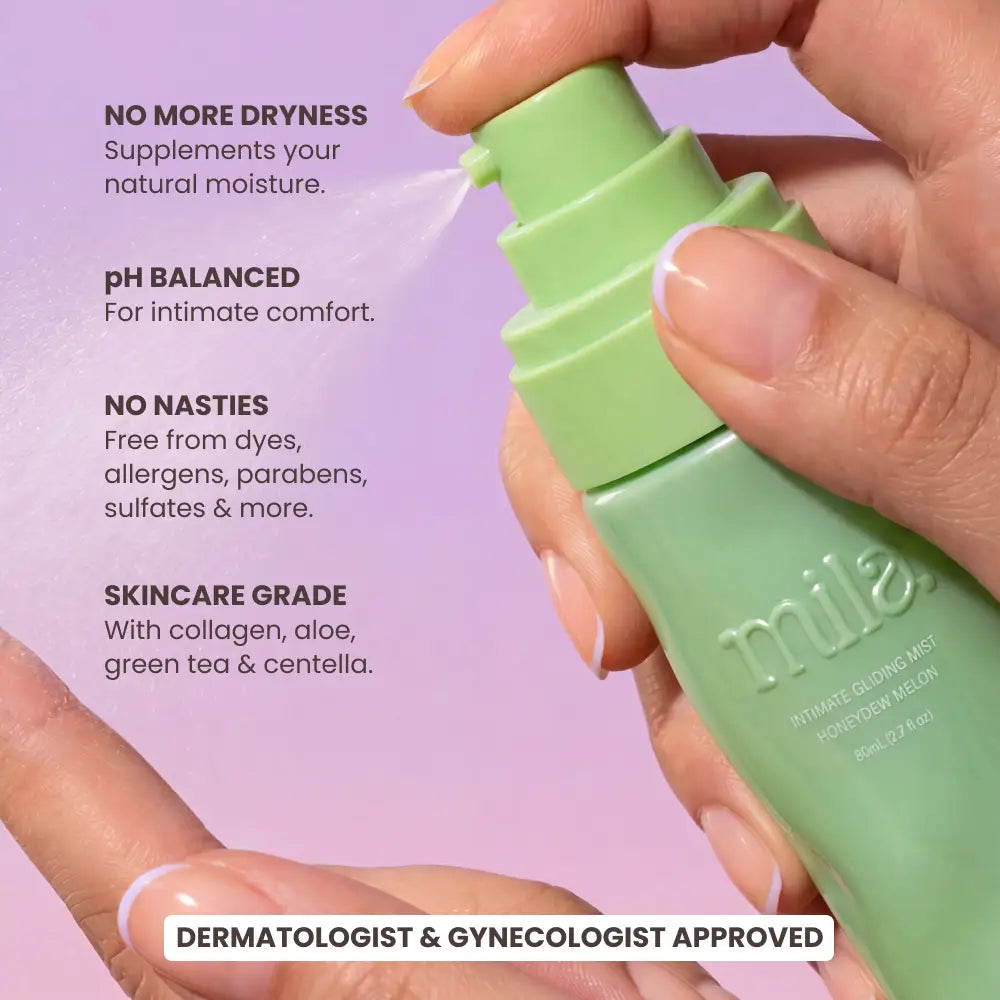 Hand holding a green skincare product with text on a purple background