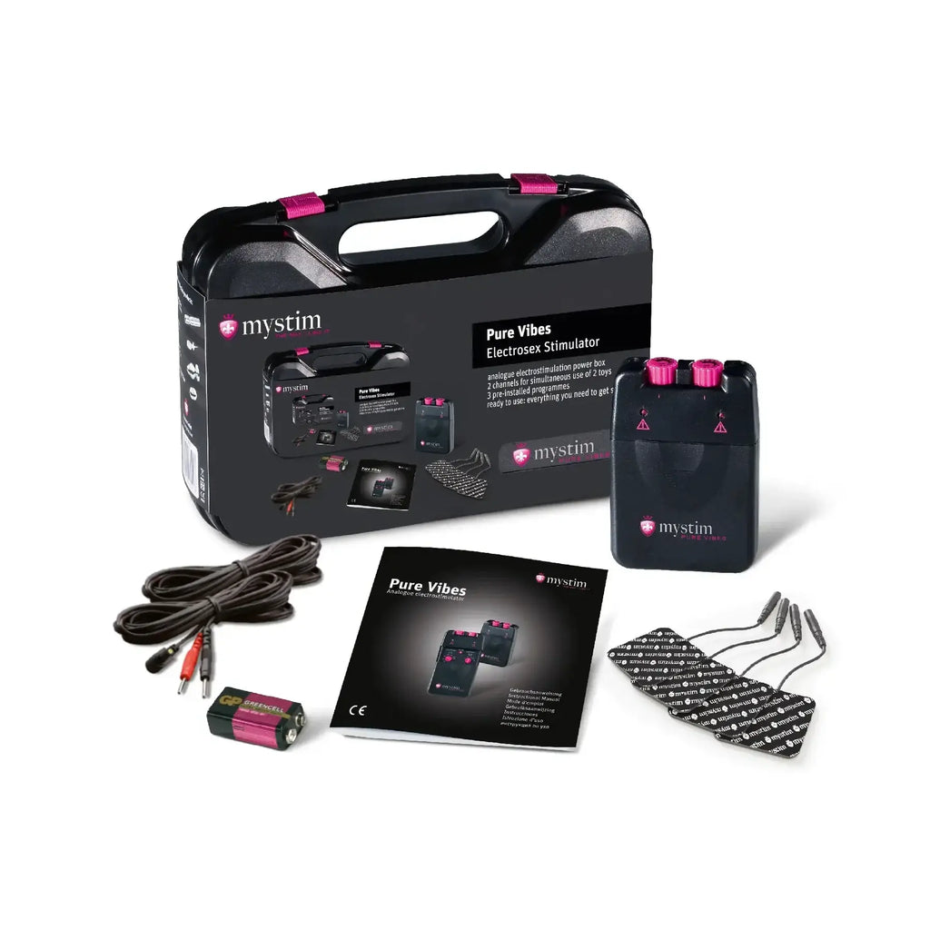 Mystim Pure Vibes electronic stimulator set with packaging and accessories on a white background