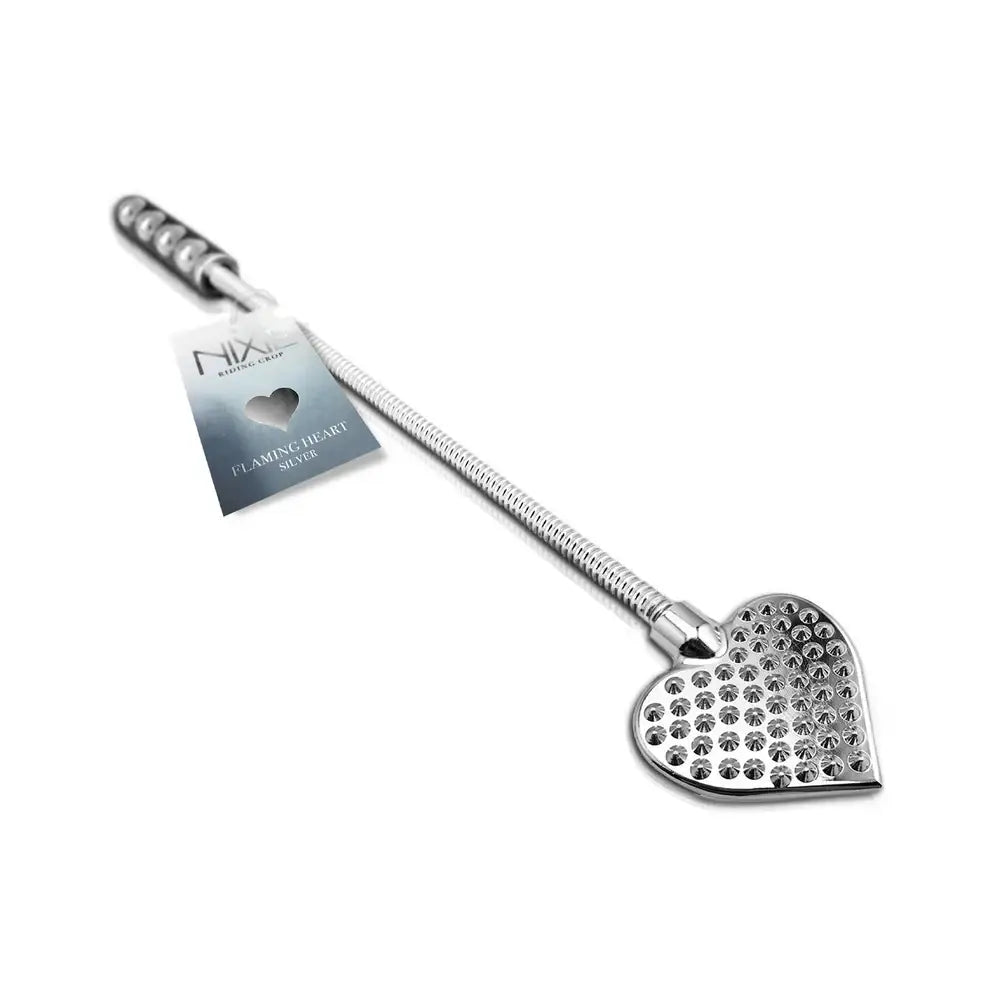 Nixie Flaming Heart Riding Crop Flogger - Silver
