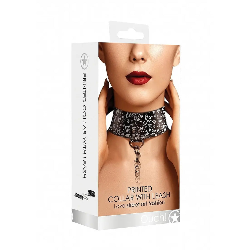 Ouch! Love Street Art Collar with Leash - Black - Restraints