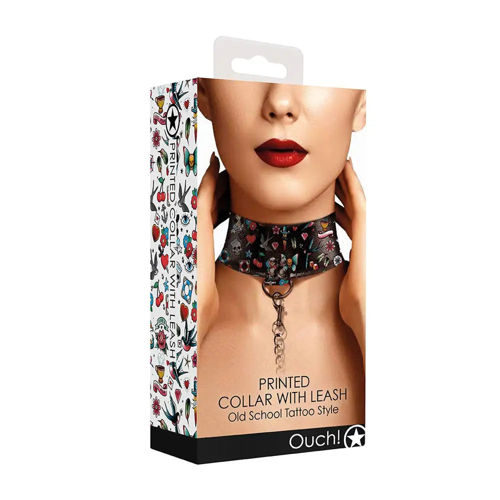 Ouch! Old School Tattoo Printed Collar and Leash - Black - Restraints