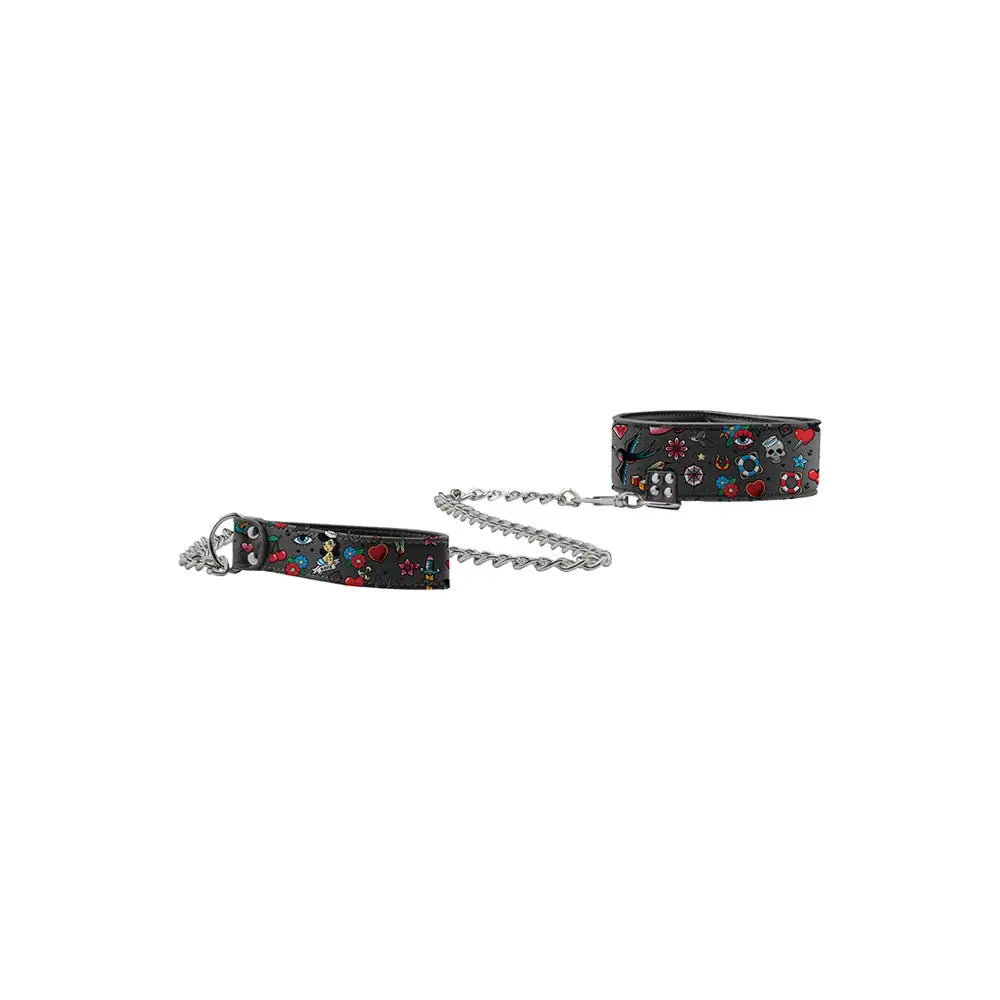Ouch! Old School Tattoo Printed Collar and Leash - Black - Restraints