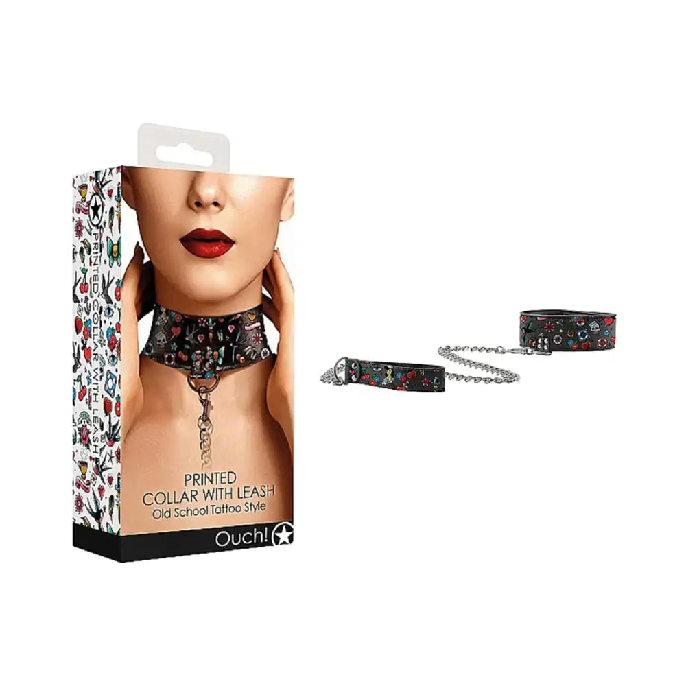 Ouch! Old School Tattoo Printed Collar and Leash - Black - Restraints