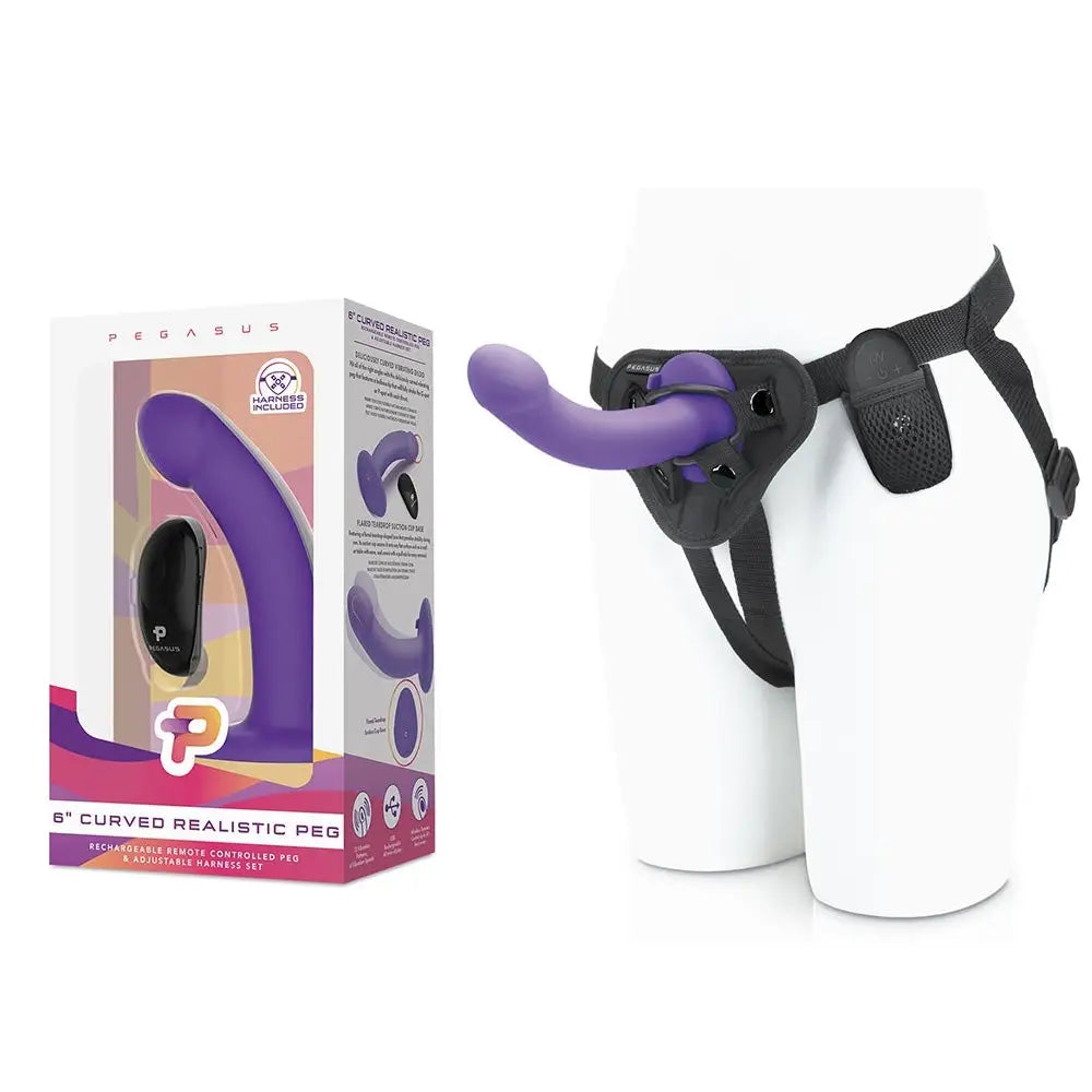 Pegasus 6’’ Curved Remote Controlled Peg + Harness Set - Purple - Dildo