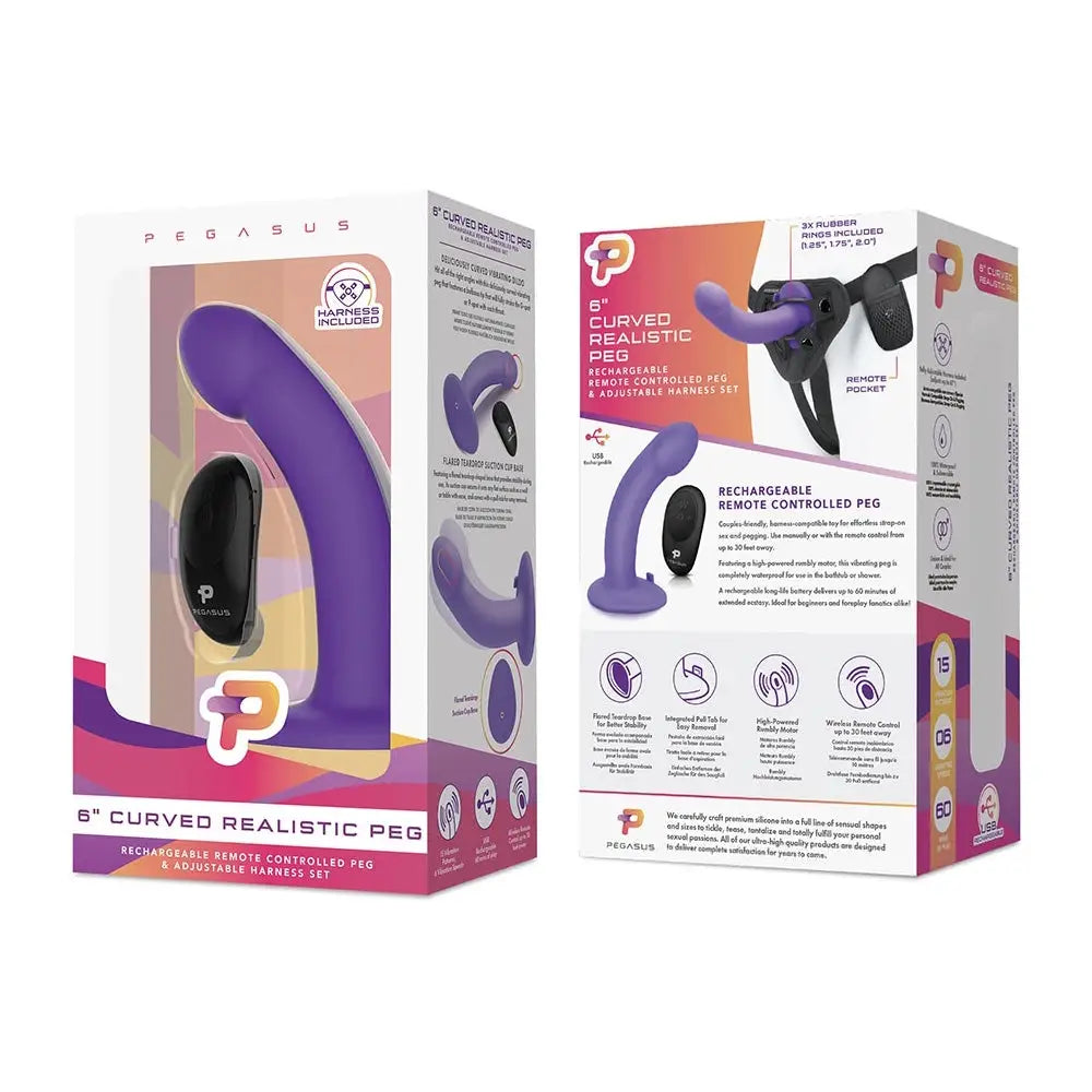 Pegasus 6’’ Curved Remote Controlled Peg + Harness Set - Purple - Dildo