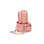 Pink leather collar with chain on a white background