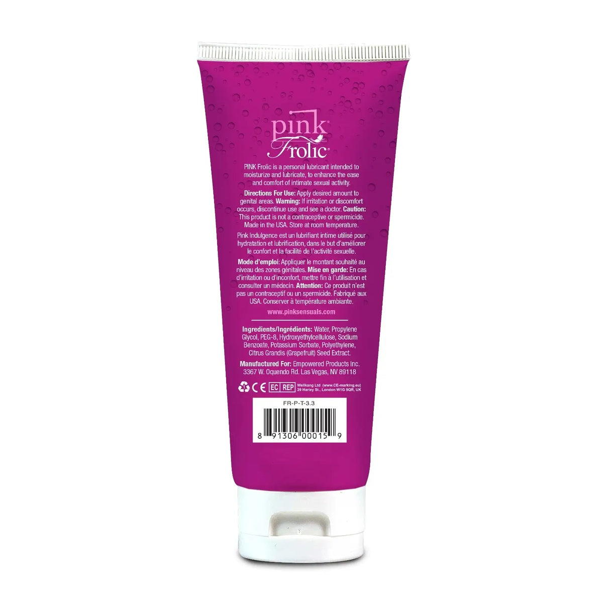 Pink Lubricants® Frolic Water-Based Gel Lubricant - Toy-Friendly & Glycerin-Free - 3.3 fl. oz.
