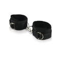 Pair of black wrist restraints with metal hooks on a white background