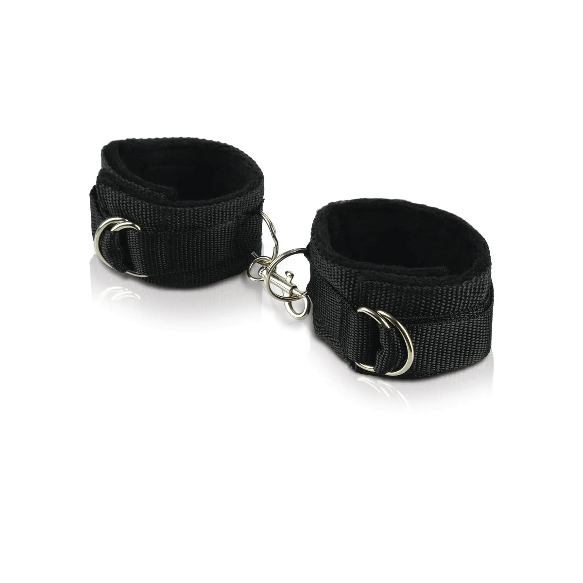 Pair of black wrist restraints with metal hooks on a white background