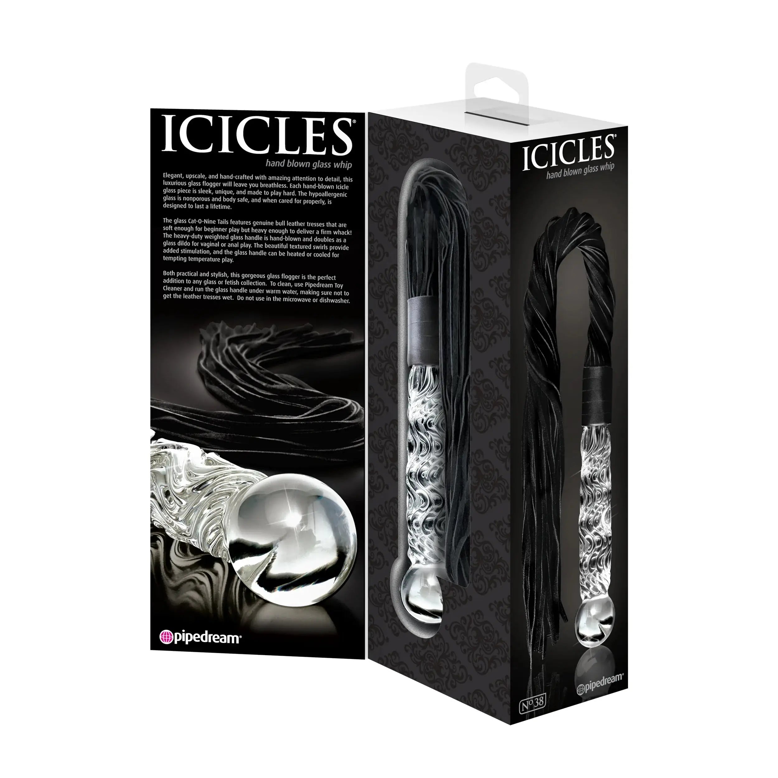 Pipedream® Pipedream Icicles No. 38 Glass Flogger – Dual-Purpose Dildo & Whip Black