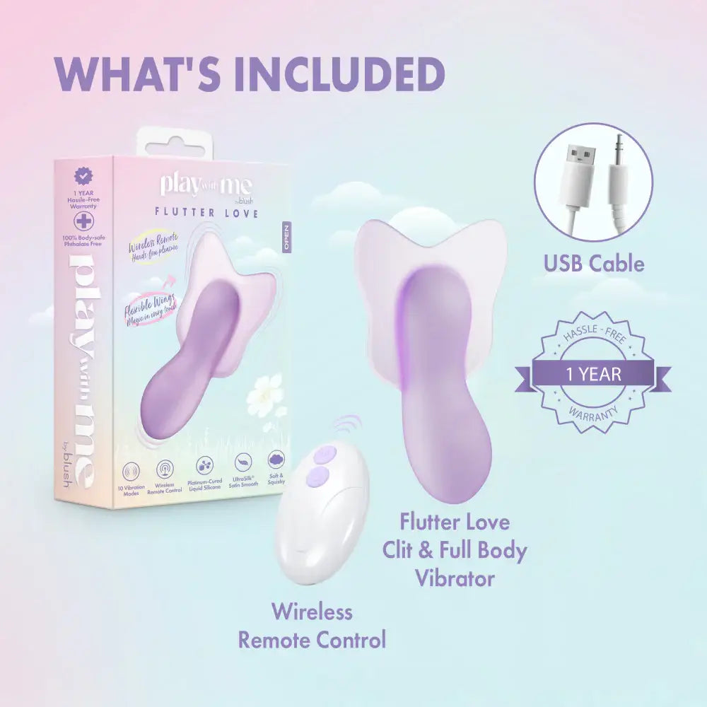 Flutter Love Clit & Full Body Vibrator with packaging, USB cable, and remote control on a pastel gradient background.