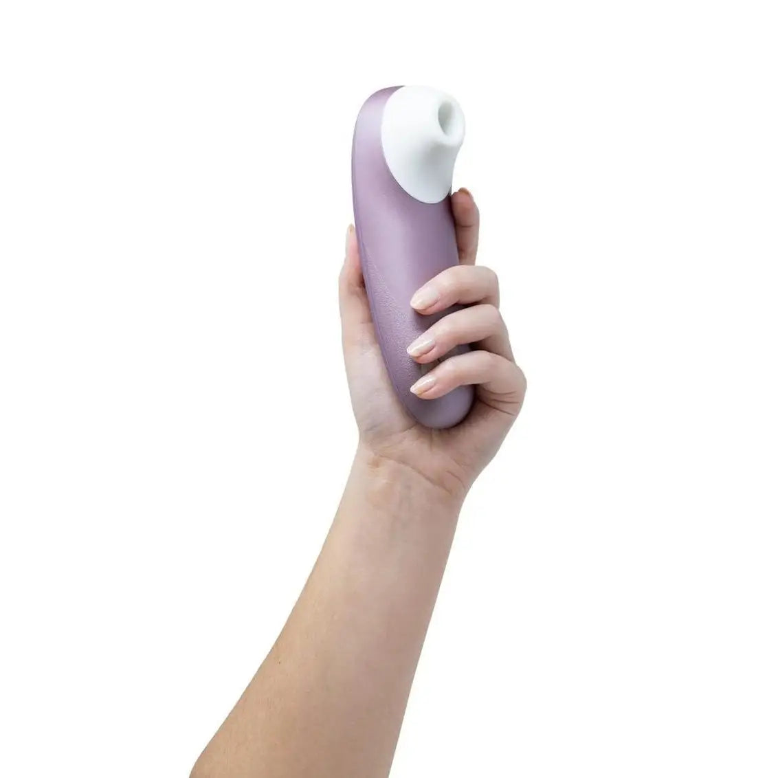 Hand holding a purple and white electronic device on a white background