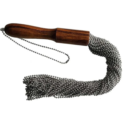 Rouge Garments® Beaded Metal Flogger – Polished Wood Handle & Chain Tails