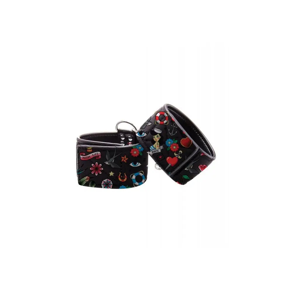 Ouch! Old School Tattoo Printed Ankle Cuffs - Black - Restraints