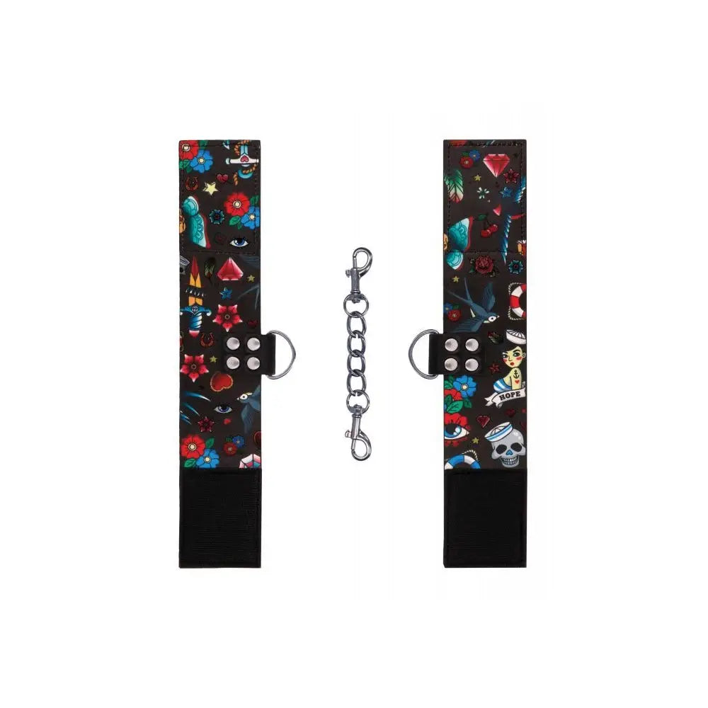 Ouch! Old School Tattoo Printed Hand Cuffs - Black - Restraints