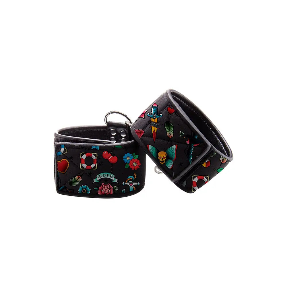 Ouch! Old School Tattoo Printed Hand Cuffs - Black - Restraints