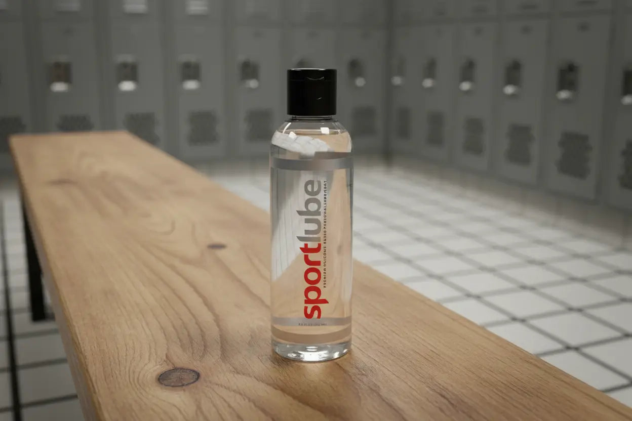 Bottle of SportLube on a wooden bench with lockers in the background