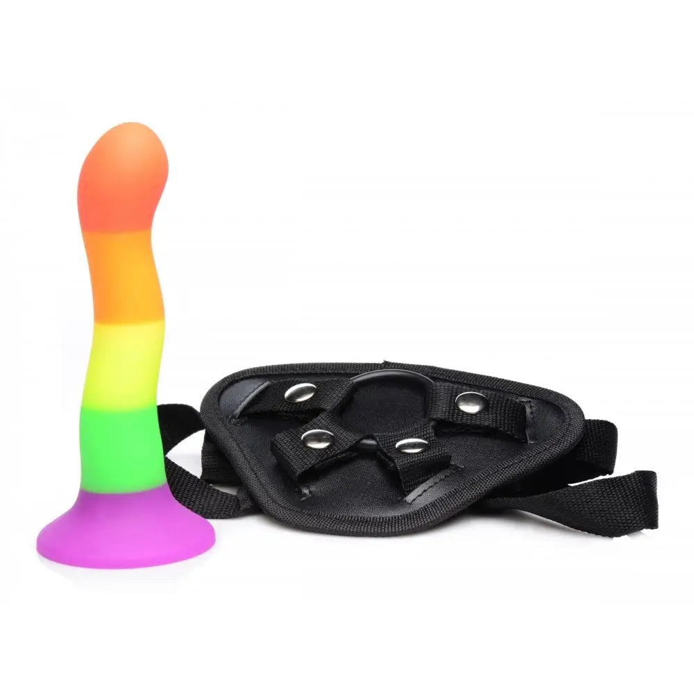 Strap U® Proud Rainbow Vibrating Silicone Dildo with Harness