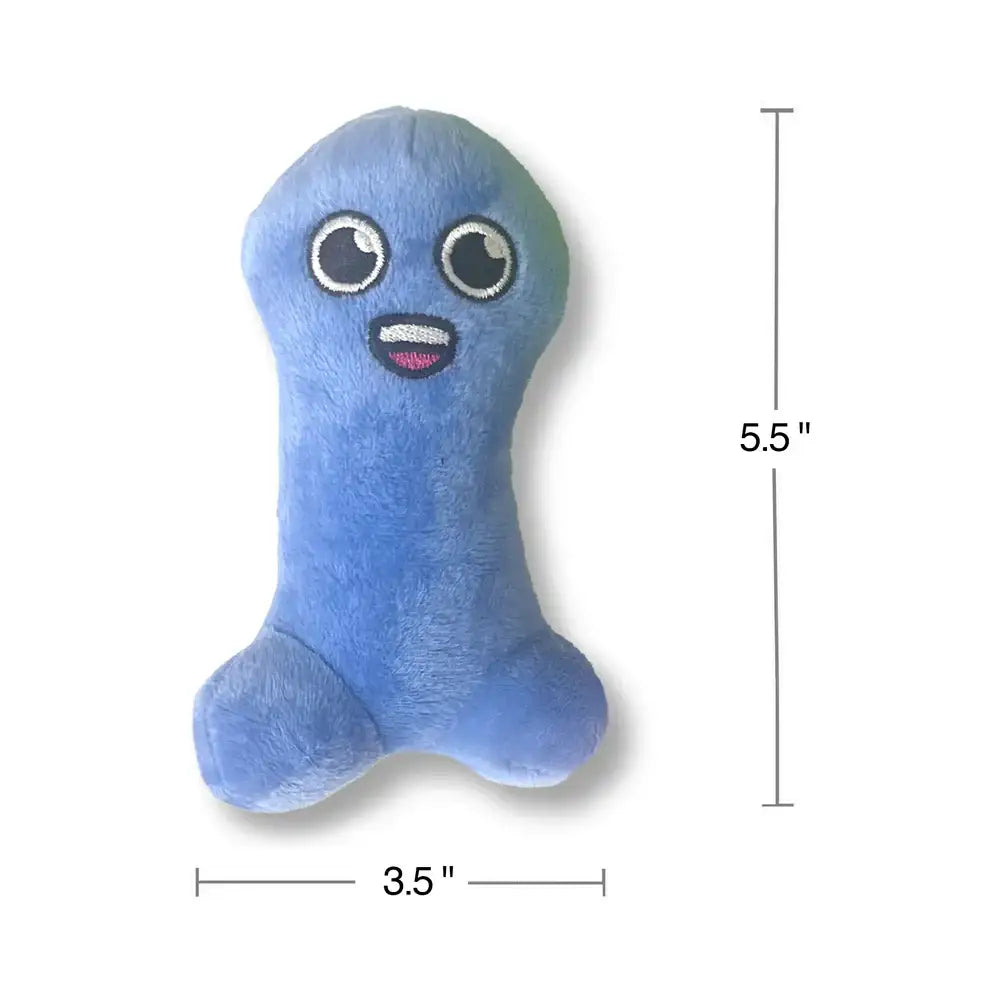 Blue plush toy with dimensions on a white background