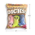 Packaged toy with colorful characters and humorous text, dimensions shown.