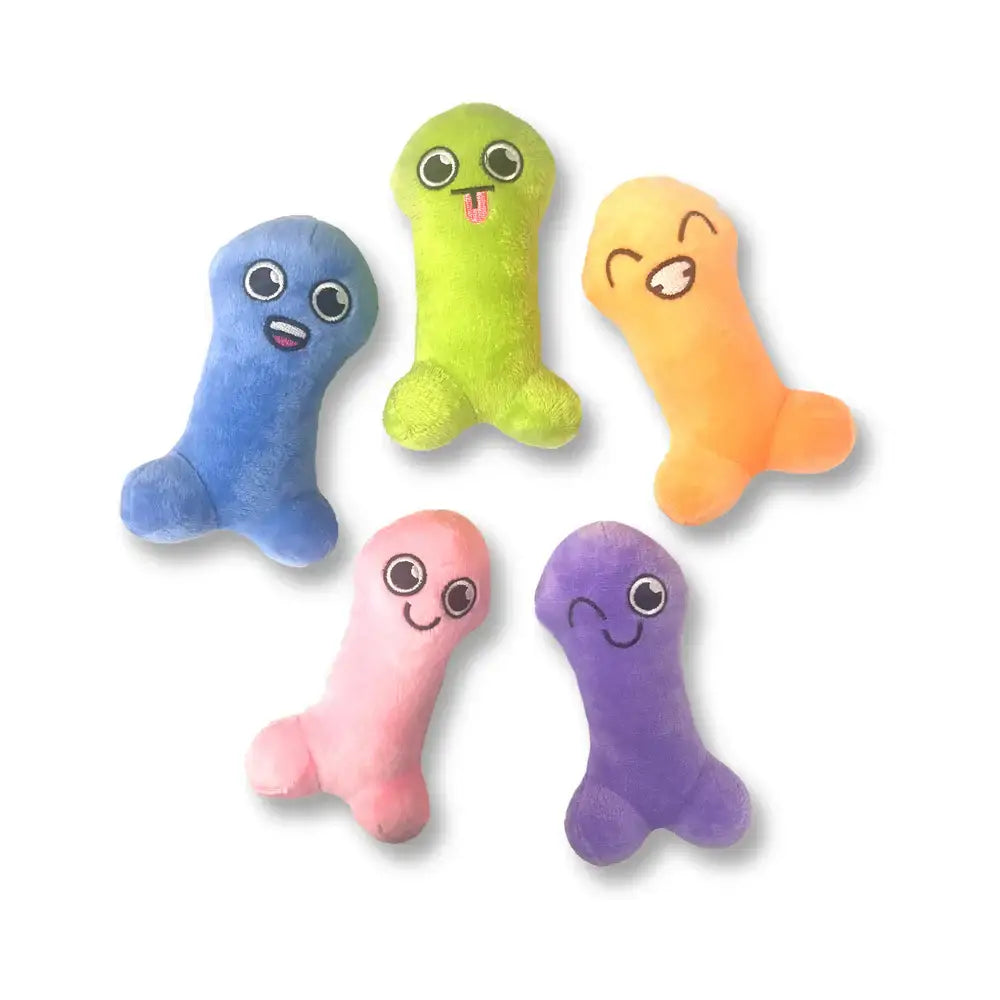 Five colorful plush toys with smiling faces on a white background