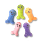 Five colorful plush toys with smiling faces on a white background