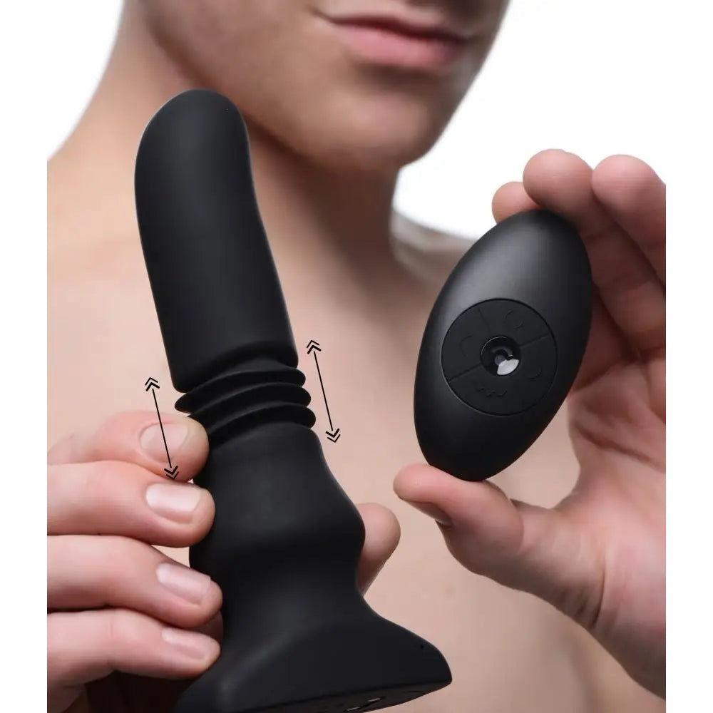 Thunderplugs™ Silicone Vibrating & Thrusting Plug w/ Remote - Black - Butt