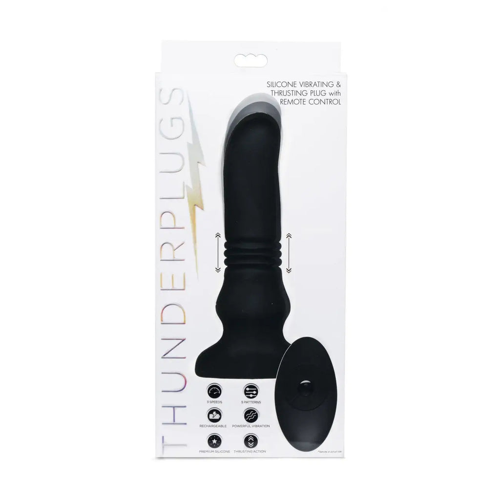 Thunderplugs™ Silicone Vibrating & Thrusting Plug w/ Remote - Black - Butt