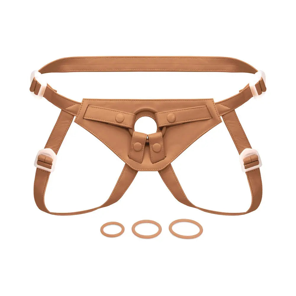 Together Vibes Tones NudeFit FlexCurv Adjustable Strap-On Harness – Body-Contouring Fits Up to 68’’ Caramel