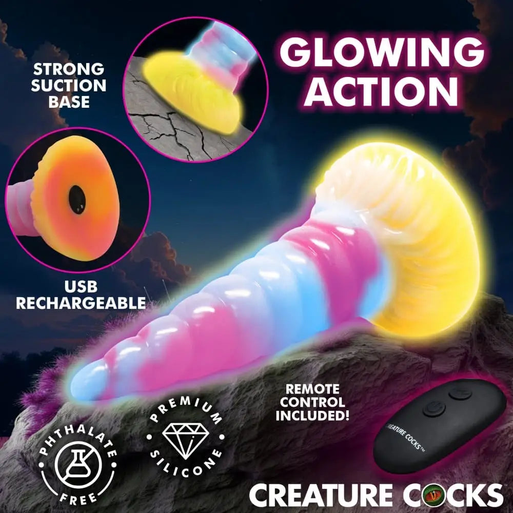 XR Brands® Unicorn Glow-in-the-Dark Vibrating Silicone Dildo - Rolik®
