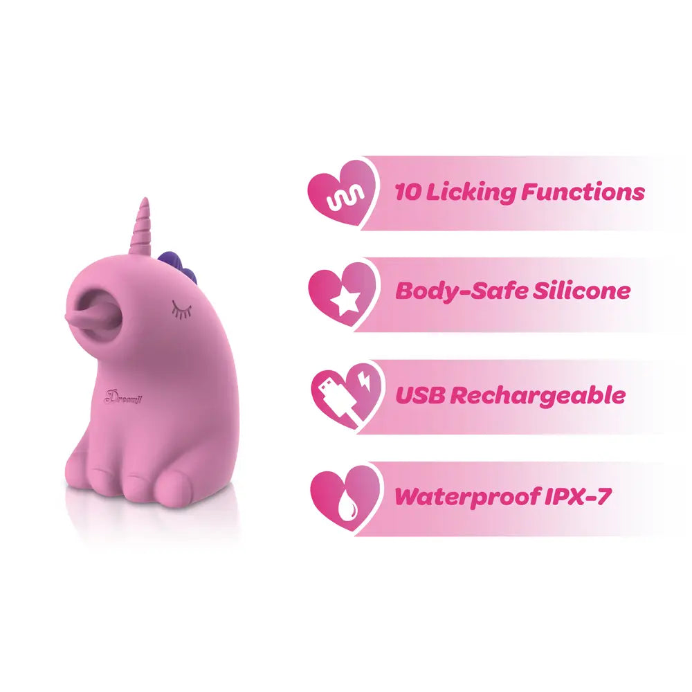 Pink unicorn-shaped toy with features listed on a white background