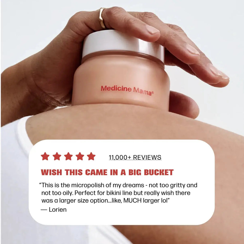 Hand applying a jar labeled 'Medicine Mama' to skin with a customer review overlay.