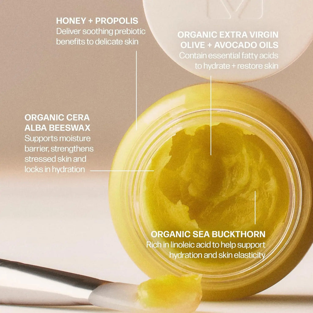 Yellow cream jar with labels detailing its ingredients on a beige background