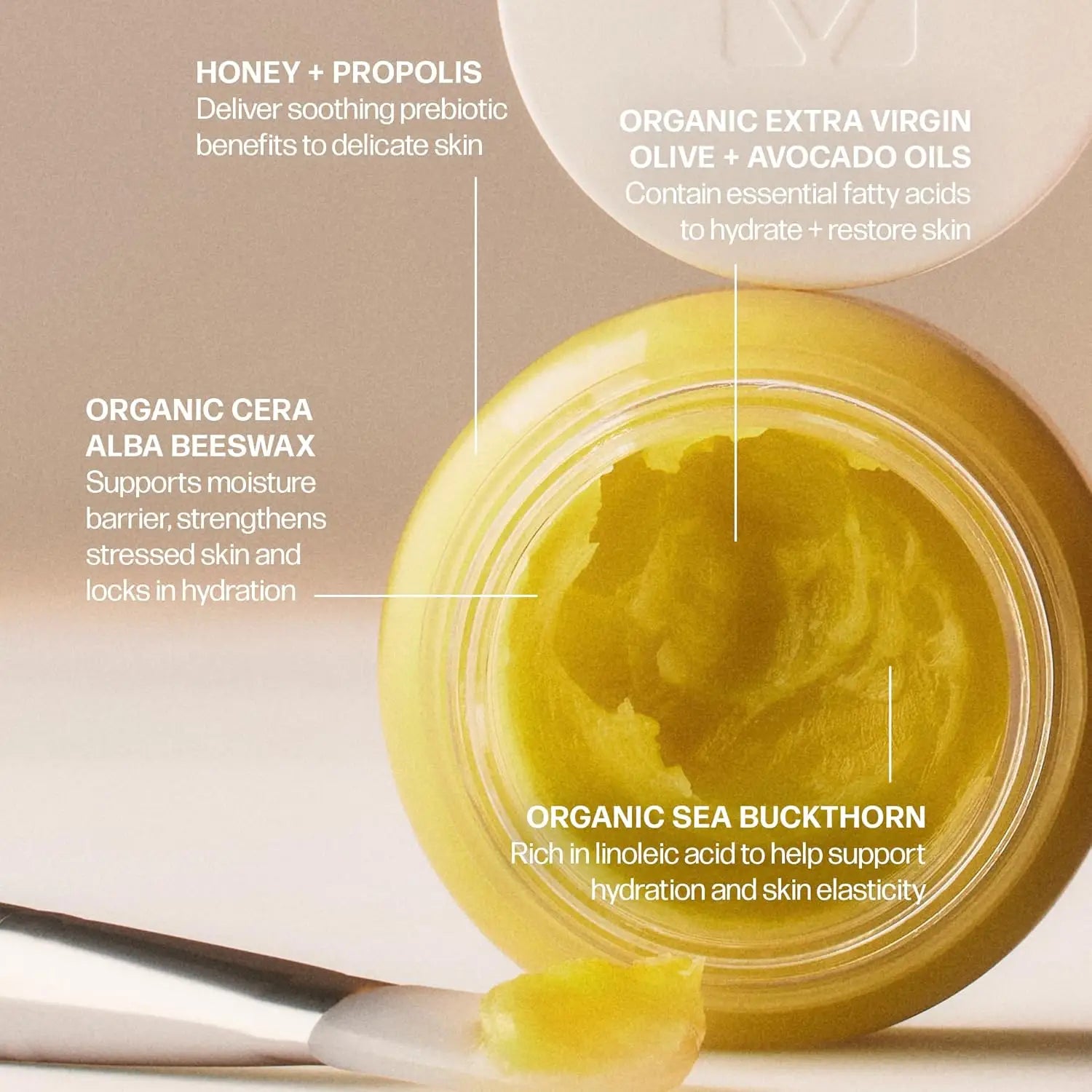 Yellow cream jar with labels detailing its ingredients on a beige background