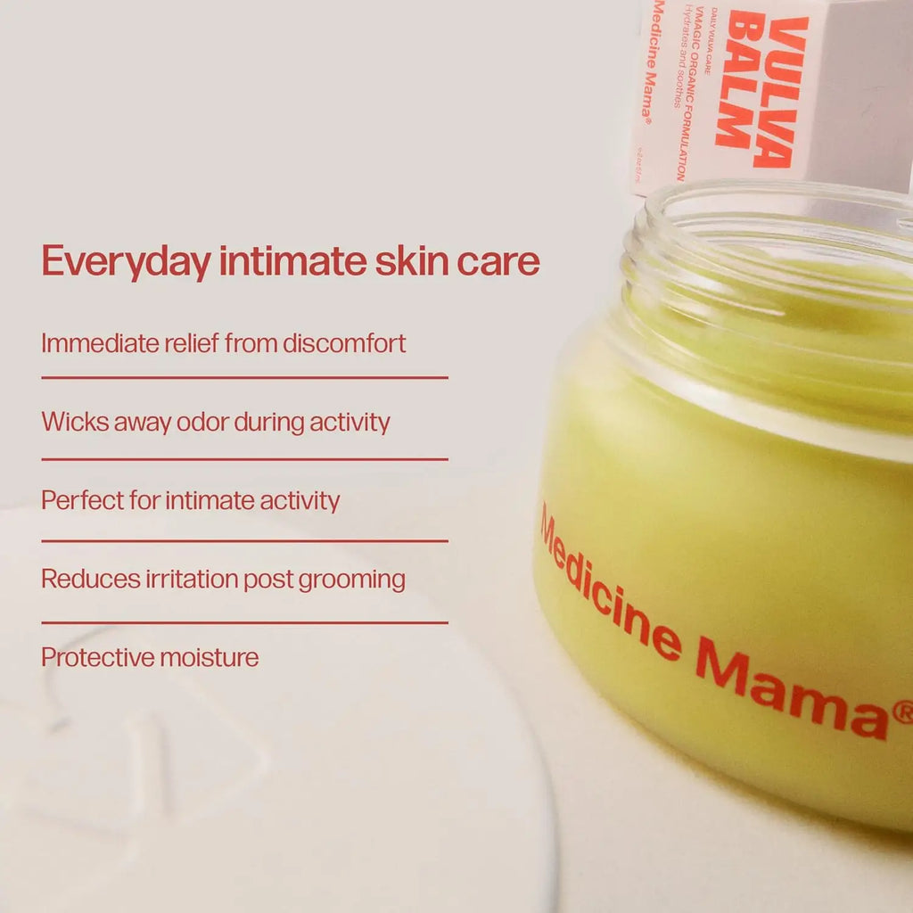 Jar of 'Medicine Mama' balm with product description text on a white background