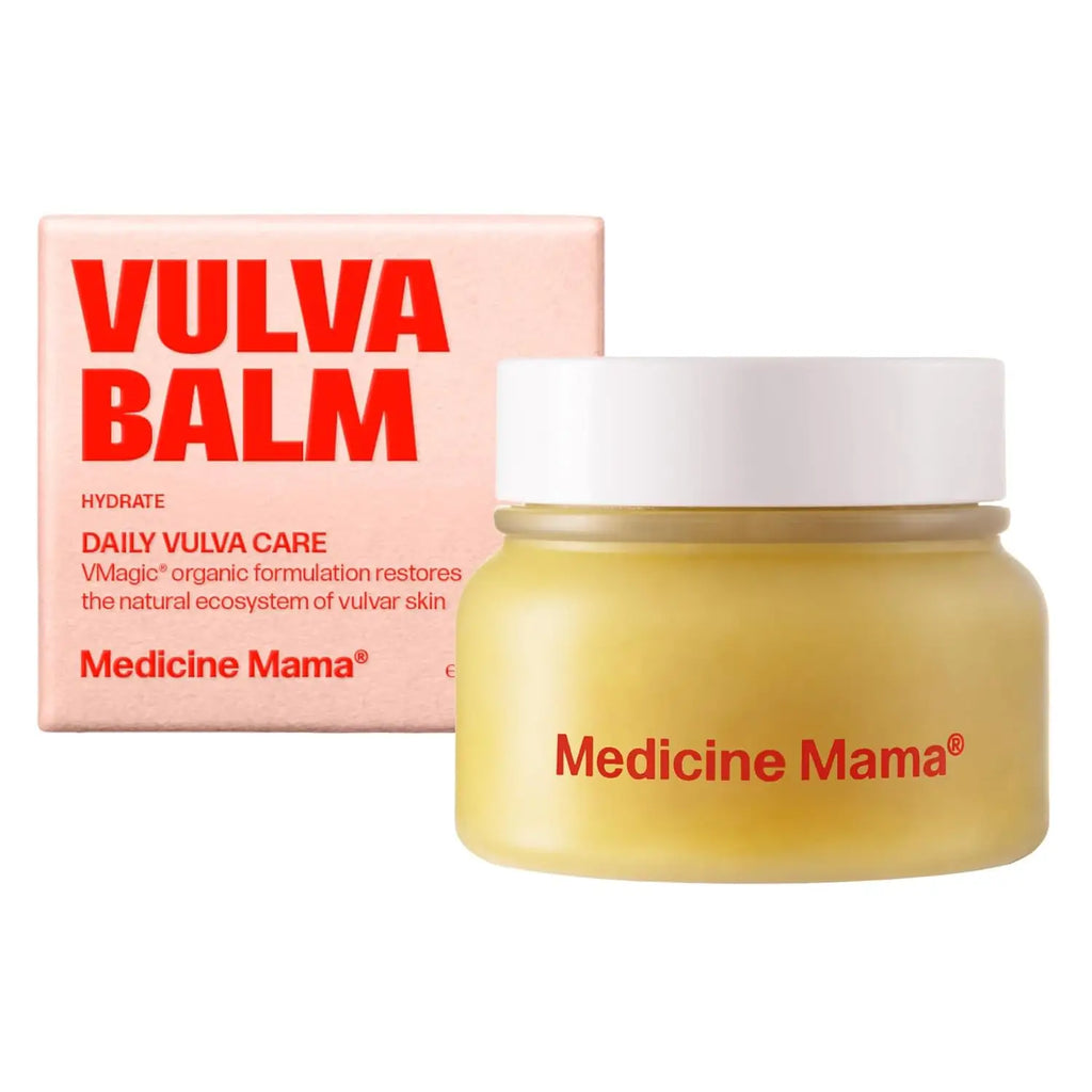 Vulva balm jar and packaging with 'Medicine Mama' branding on a white background
