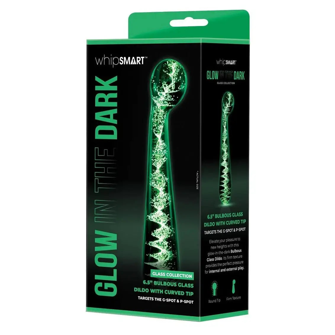 Glow in the Dark Whipsmart Bulbous Glass Dildo with Curved Base